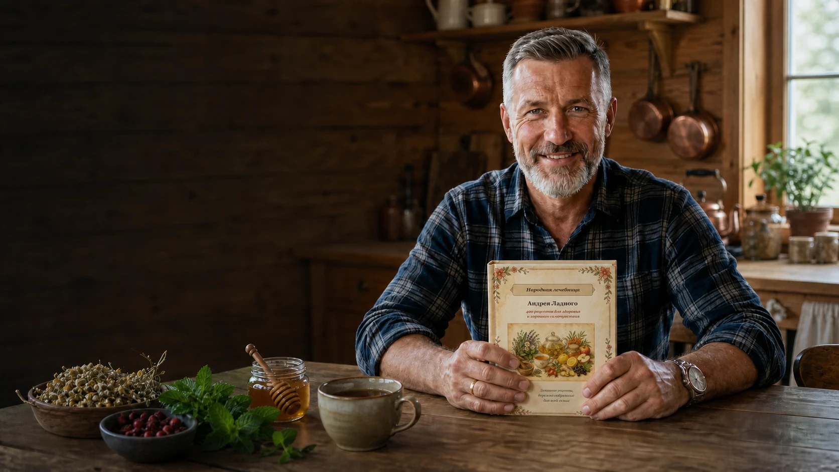 Андрей Ладный с книгой за деревянным столом